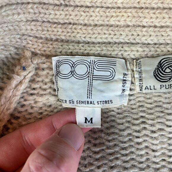 Vintage Cable Knit Cardigan Sweater Mens Womens Medium M Beige Pure Wool 70s 80s - Picture 9 of 16